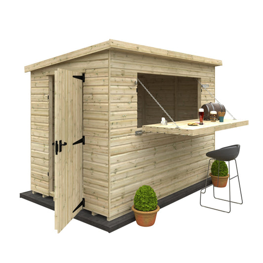 Open Norven Gardens Garden Bar shed showcasing a spacious interior with wooden shelves and a sturdy bar counter inside.
