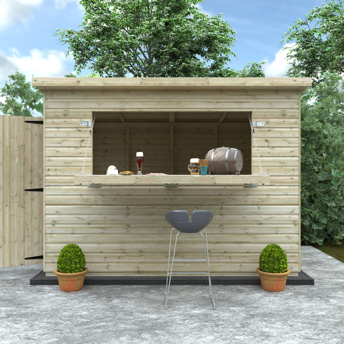 Open view of the Norven Gardens Garden Bar Shed featuring a spacious interior with bar counters and seating area for outdoor entertaining.