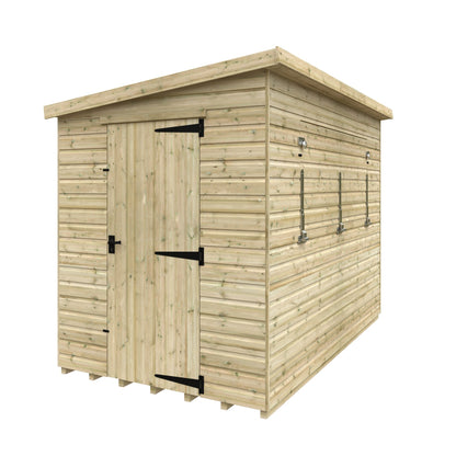 Side view of the Norven Gardens Garden Bar shed showing wooden construction and door detail.