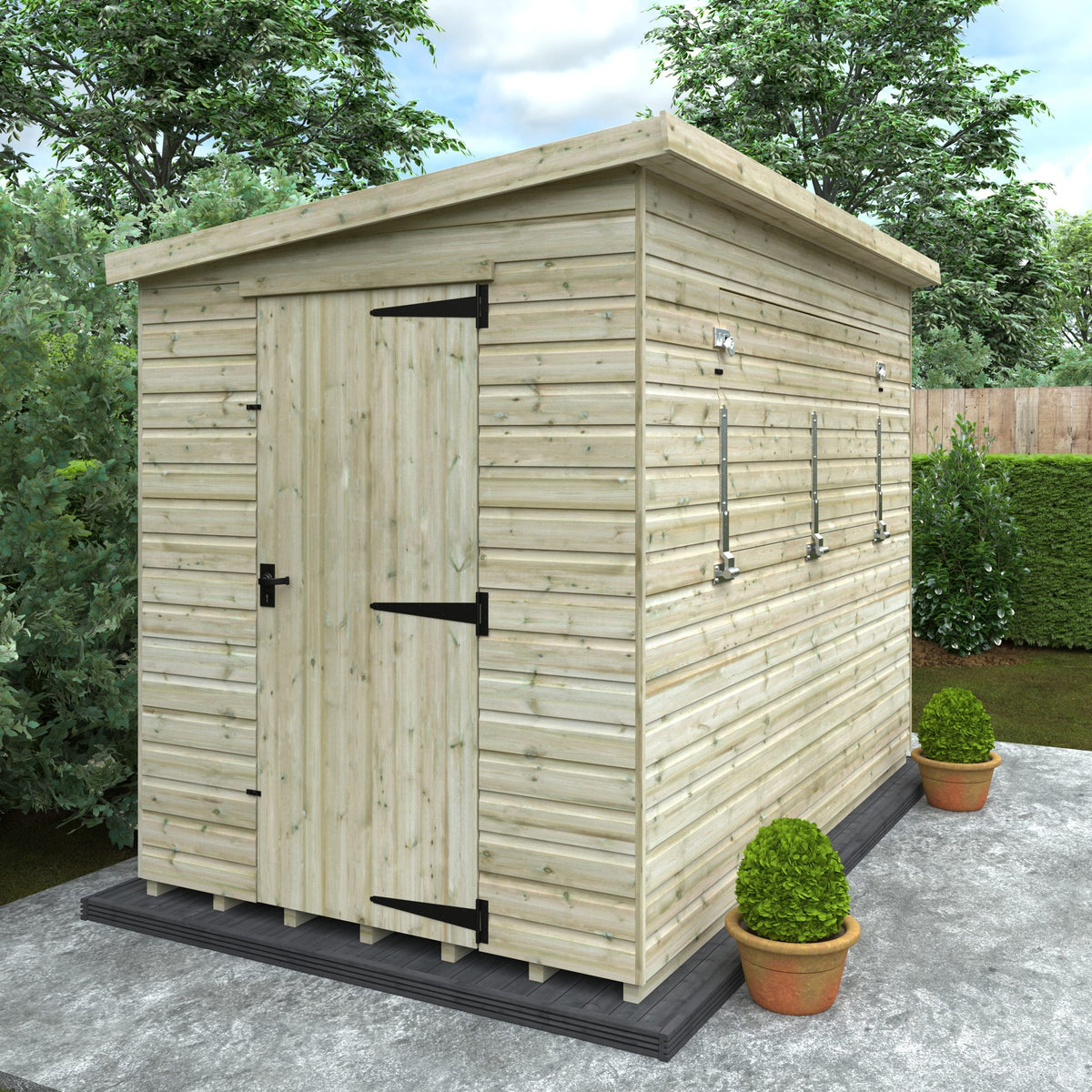 Side view of a Norven Gardens garden bar shed with wooden construction and outdoor setting, ideal for garden entertaining.