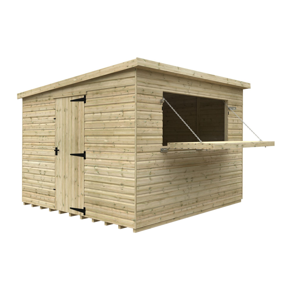 Norven Gardens 10x10 garden bar shed with wooden construction, featuring a sloped roof and large double doors for outdoor storage and entertainment