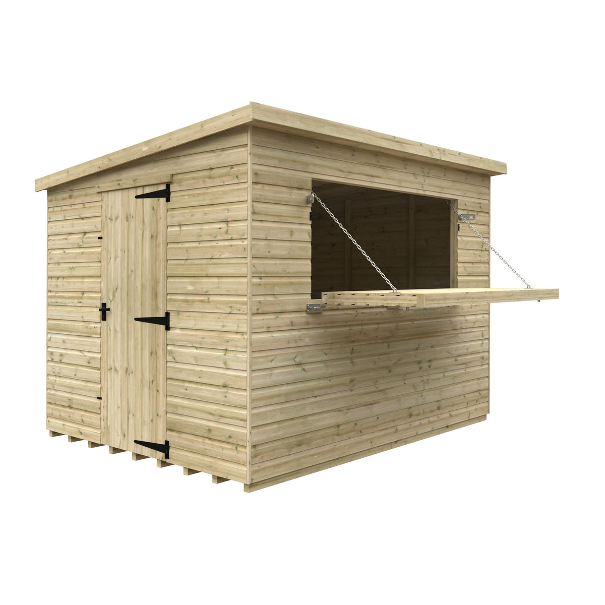 Norven Gardens garden bar shed in 10x8 size, featuring a wooden structure with a sloped roof and open front for outdoor entertaining.