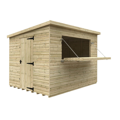 Norven Gardens garden bar shed in 10x8 size, featuring a wooden structure with a sloped roof and open front for outdoor entertaining.