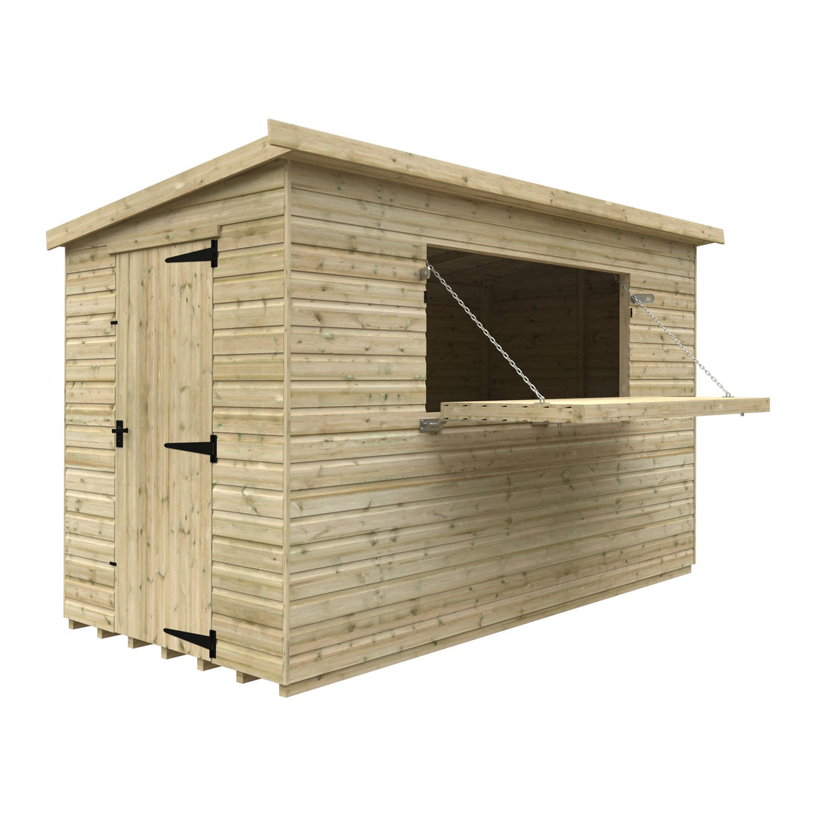 Norven Gardens garden bar shed in 12x6 size, featuring a wooden structure with a large serving window and sturdy door.