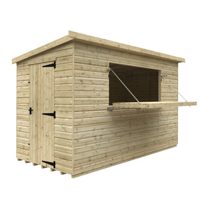 Norven Gardens garden bar shed in 12x6 size, featuring a wooden structure with a large serving window and sturdy door.