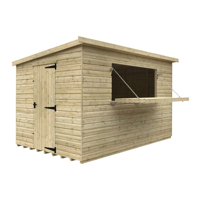 Norven Gardens garden bar shed in 12x8 size, featuring a wooden structure with a large serving window and outdoor seating area.