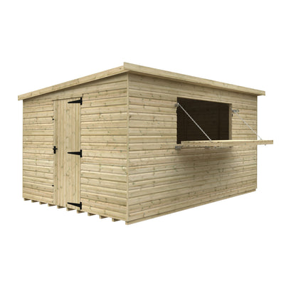 Norven Gardens Garden Bar Shed with 14x10 size, featuring a wooden structure, bar counter, and outdoor storage space.