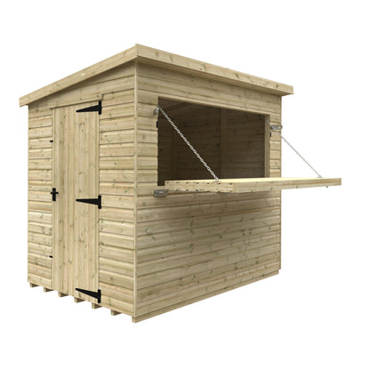 Norven Gardens 8x6 garden bar shed with wooden construction, featuring a sloped roof and double doors for outdoor entertaining.