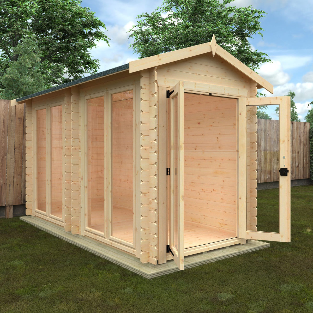 Norven Gardens glazed 19mm garden room log cabin with large windows, set in a landscaped outdoor space.