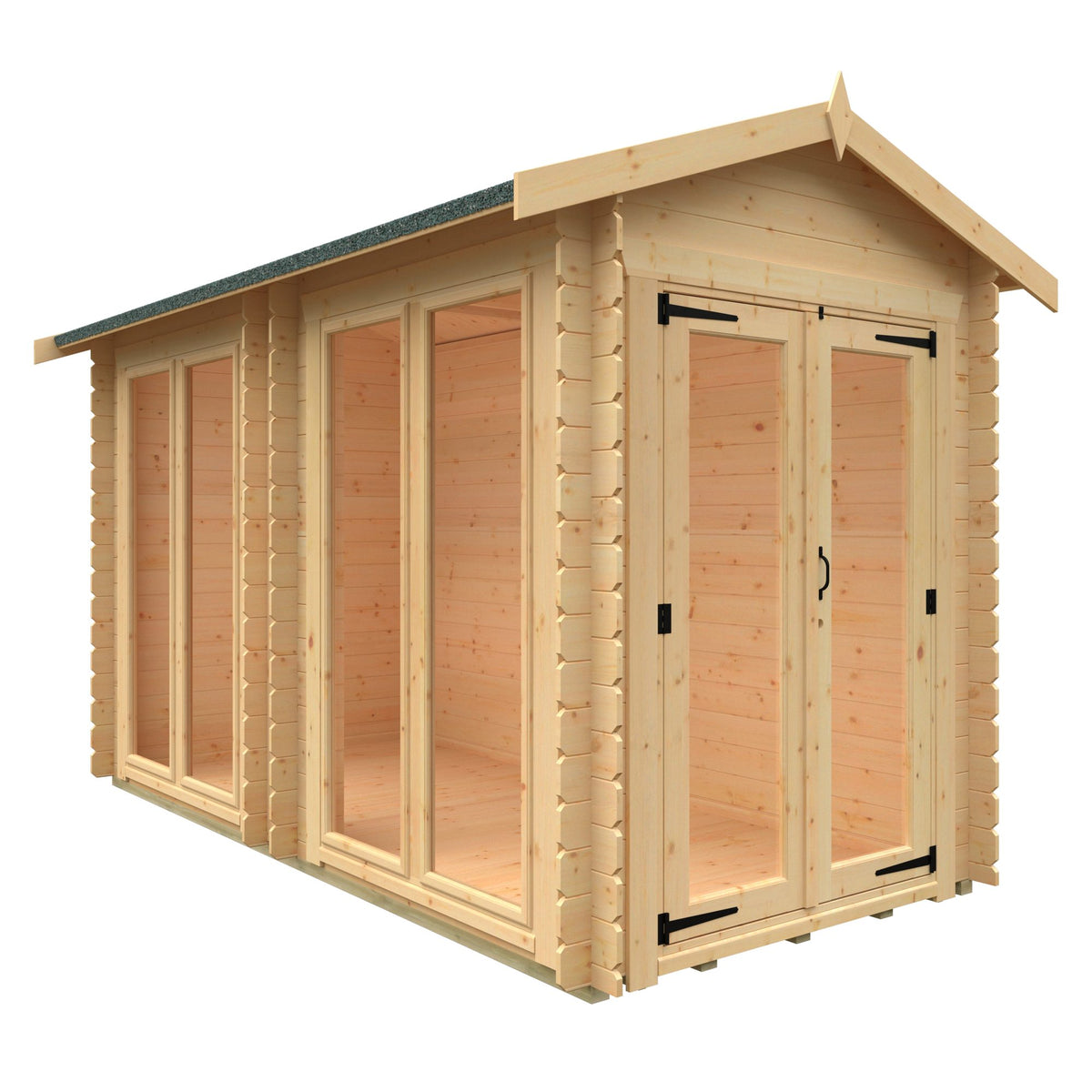 Norven Glazed 19mm Garden Room log cabin by Norven Gardens with large glass panels and wooden frame, ideal for outdoor relaxation.