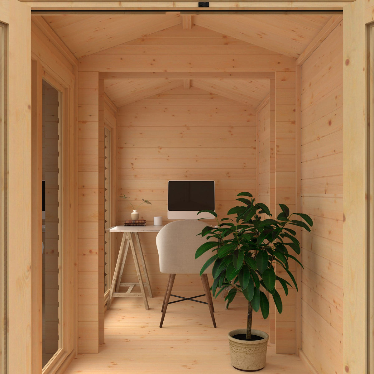 Interior view of the Norven Gardens glazed 19mm garden room log cabin showing spacious, well-lit interior with glazed panels.