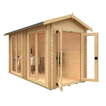 Norven Glazed 19mm Garden Room log cabin with open doors, showcasing large glass panels and wooden construction by Norven Gardens.