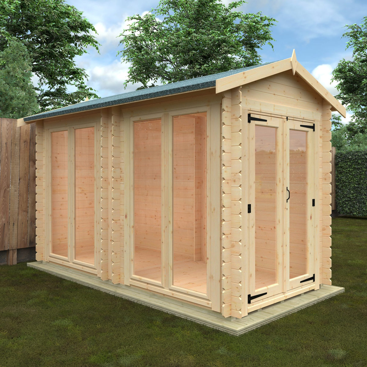 Side view of the Norven Gardens glazed 19mm garden room log cabin with large windows and a modern outdoor living space.