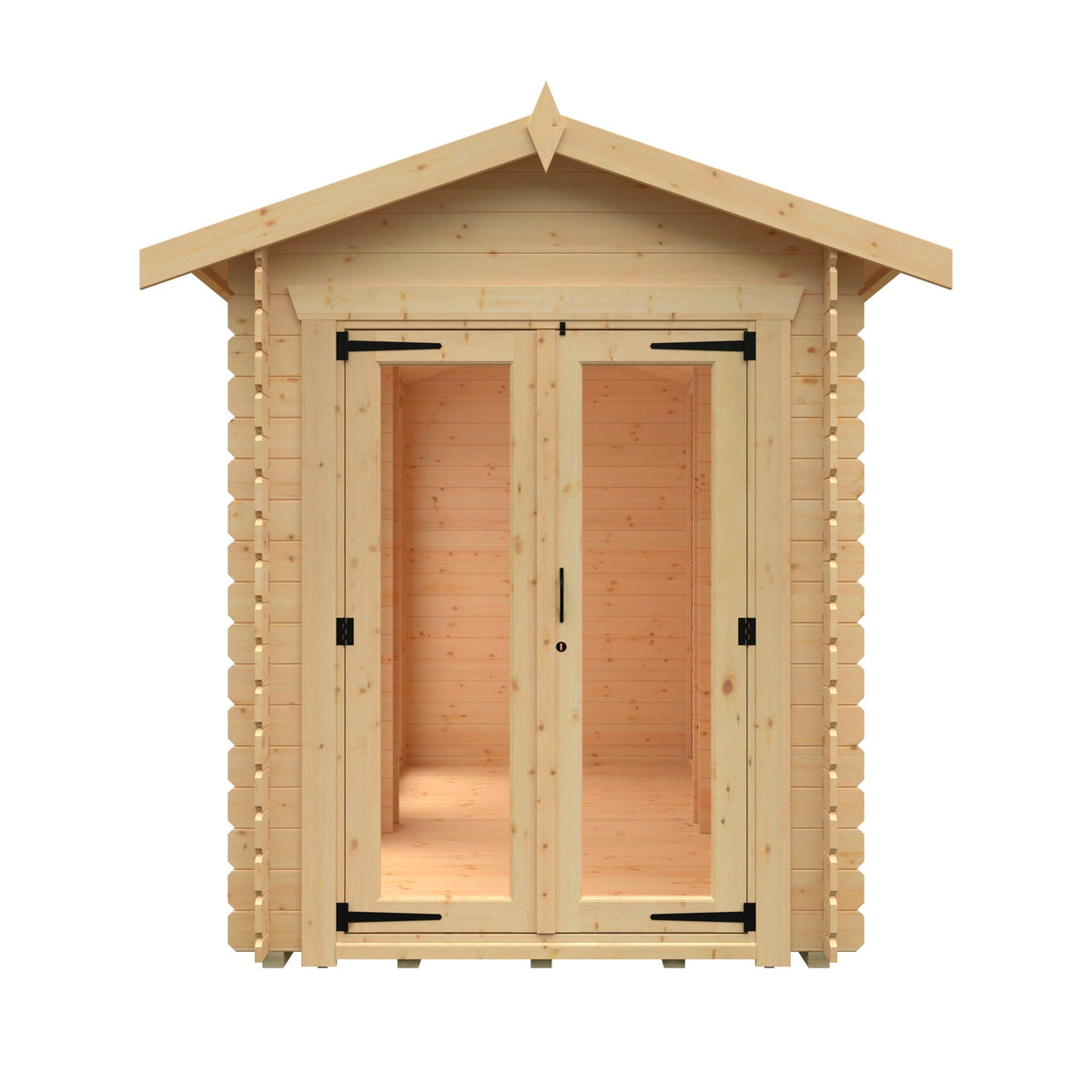 Front view of the Norven Glazed 19mm Garden Room log cabin by Norven Gardens, featuring large glazed windows and a wooden exterior.