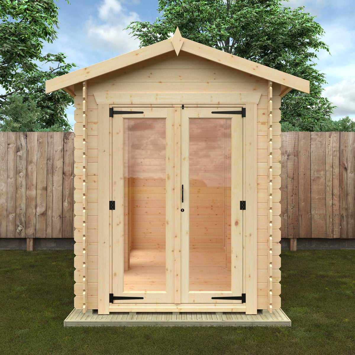 Front view of a Norven Gardens glazed 19mm garden room log cabin with large windows and a modern outdoor living space.