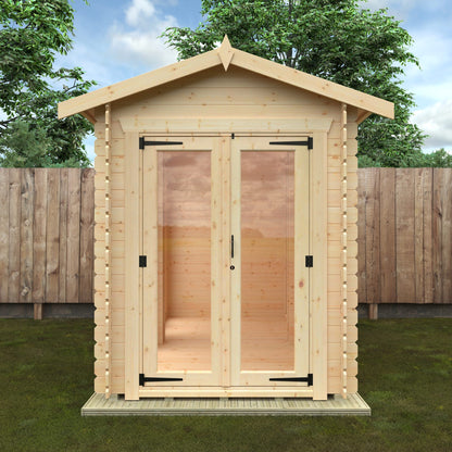 Front view of a Norven Gardens glazed 19mm garden room log cabin with large windows and a modern outdoor living space.