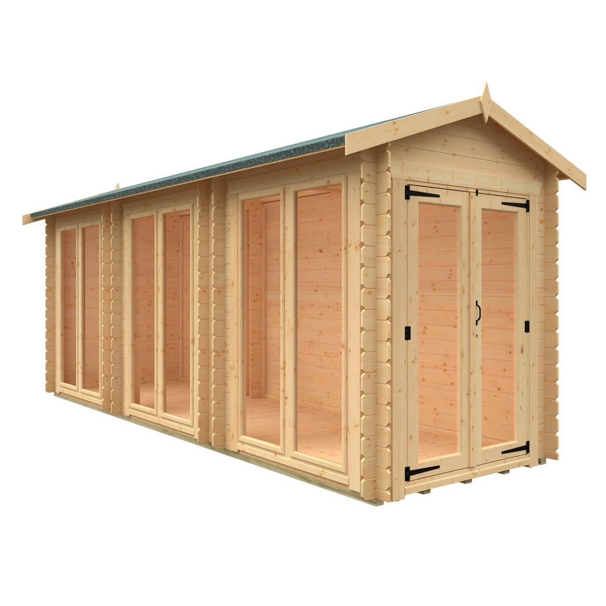 Norven Gardens glazed 19mm garden room log cabin with large windows, 18x6 feet, ideal for outdoor living or workspace.