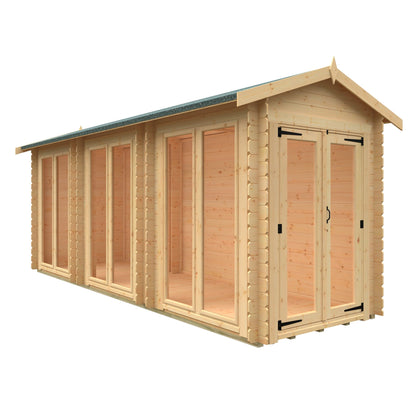 Norven Gardens glazed 19mm garden room log cabin with large windows, 18x6 feet, ideal for outdoor living or workspace.