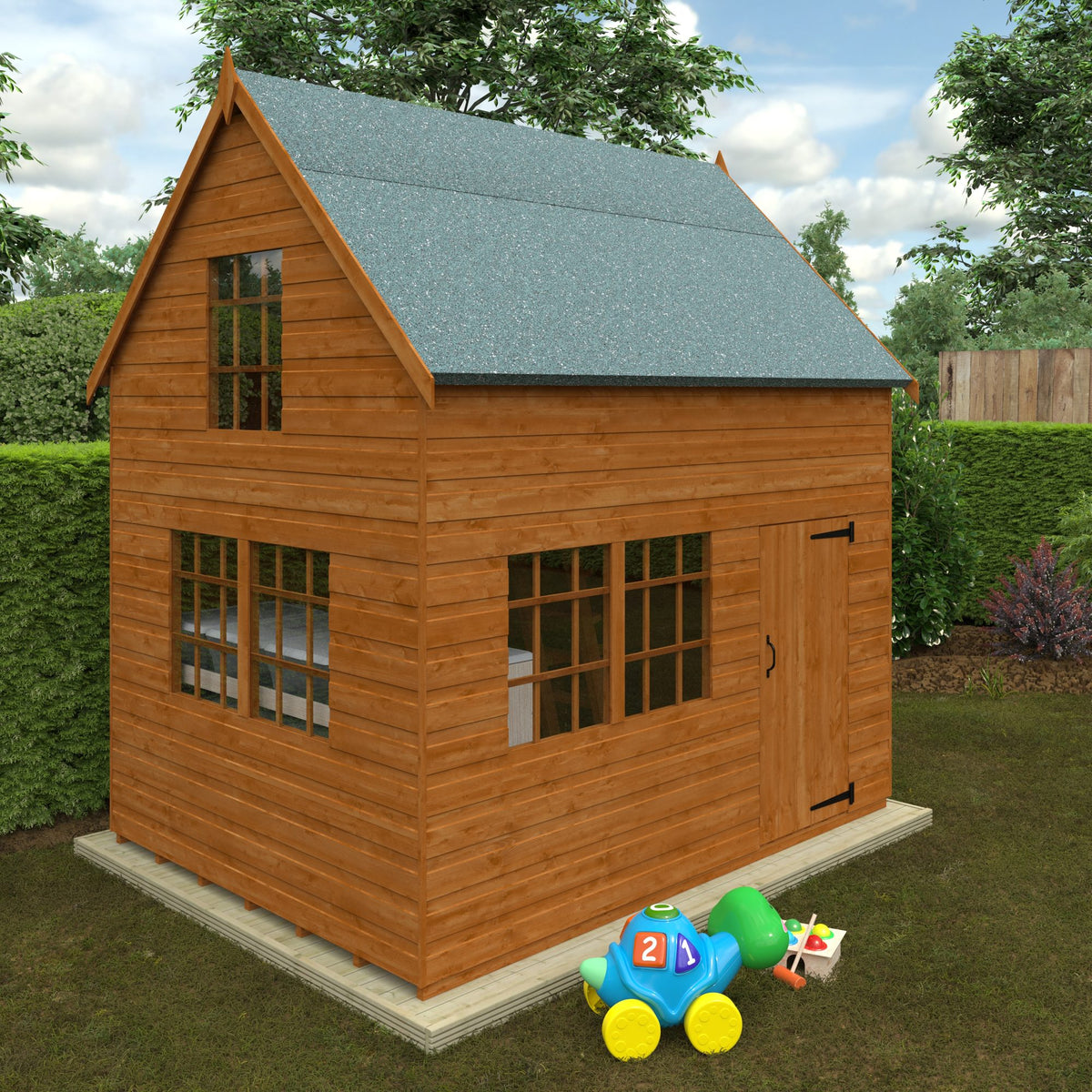 Norven Gardens Two-Storey Cottage Playhouse 8x6 with bright windows, door, and garden setting for children’s outdoor play.