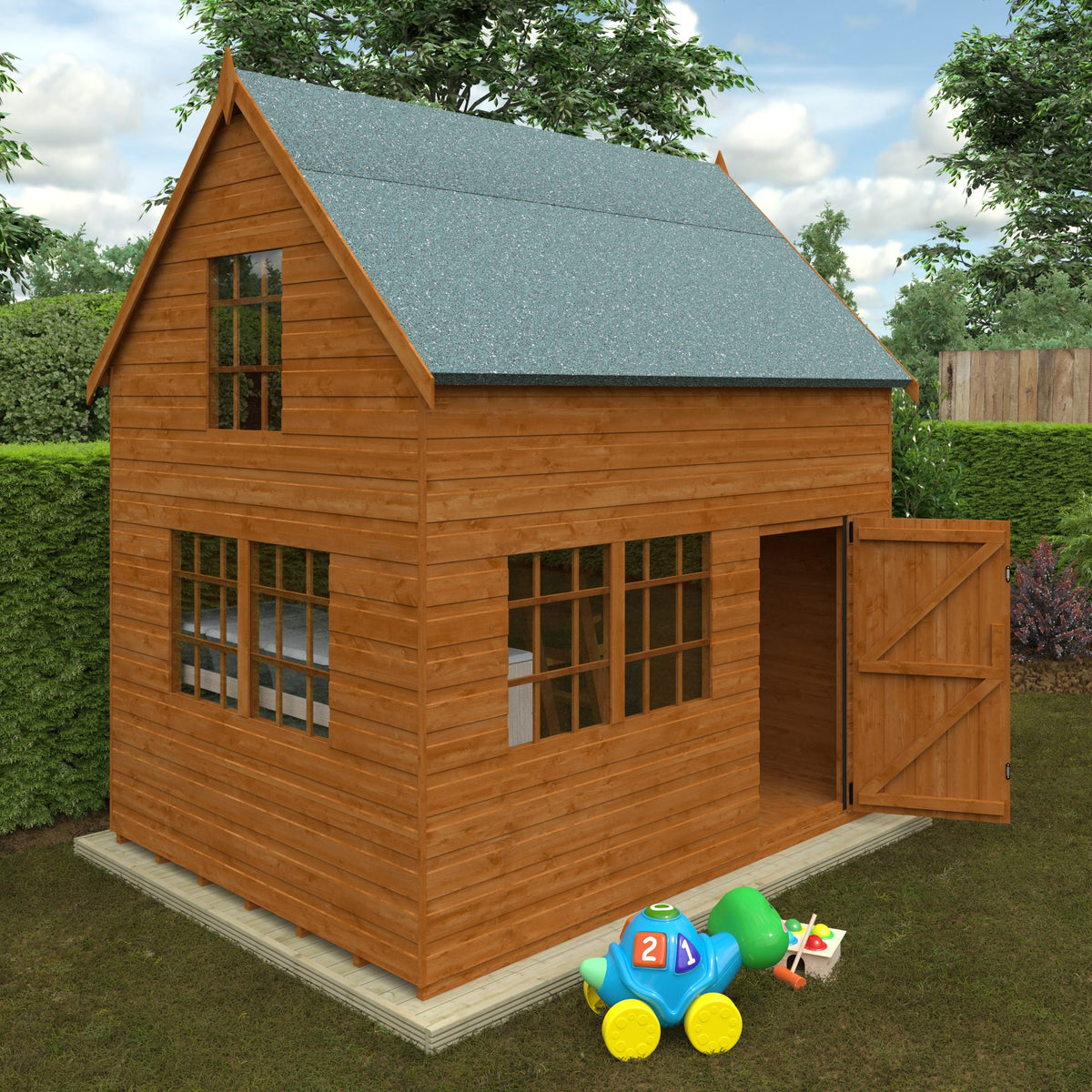 Norven Gardens two-storey cottage playhouse with open door and windows, ideal for kids' outdoor play and imaginative fun.