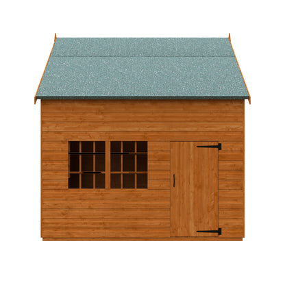 Norven Gardens two-storey cottage playhouse with front view, featuring a porch, windows, and charming design for outdoor play.