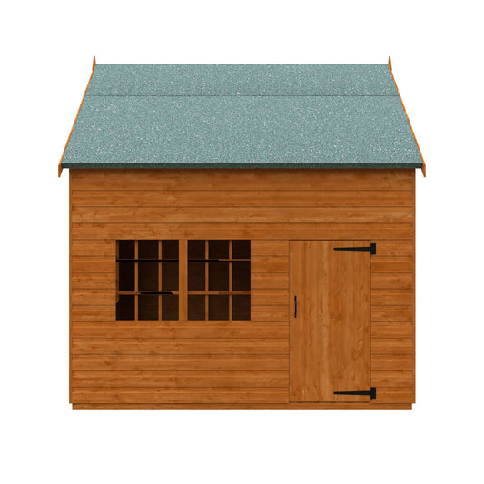 Norven Gardens two-storey cottage playhouse with front view, featuring a porch, windows, and charming design for outdoor play.