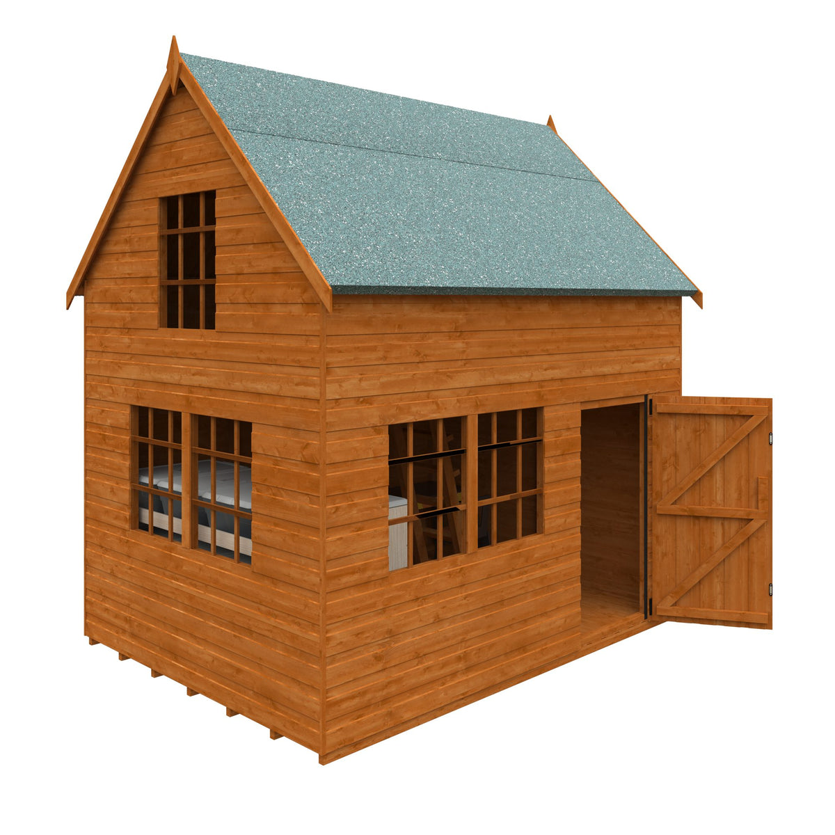 Norven Two-Storey Cottage Playhouse by Norven Gardens with open doors, featuring windows and a charming playhouse design for outdoor fun.