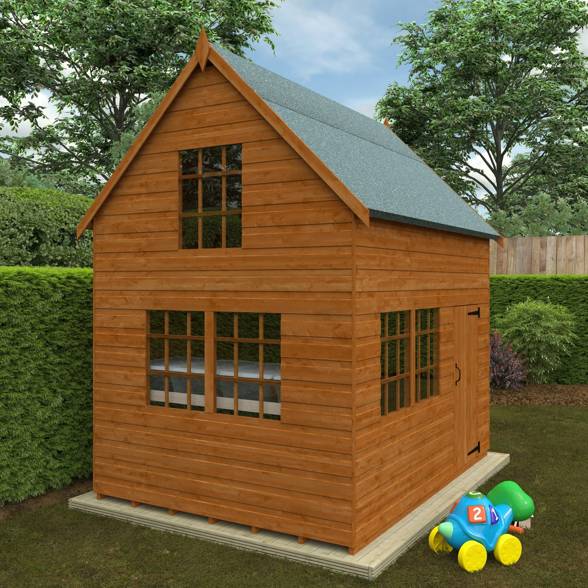 Norven Gardens two-storey cottage playhouse with windows and door, set in a garden scene, ideal for children's outdoor play.