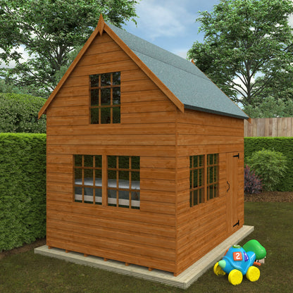 Norven Gardens two-storey cottage playhouse with windows and door, set in a garden scene, ideal for children's outdoor play.