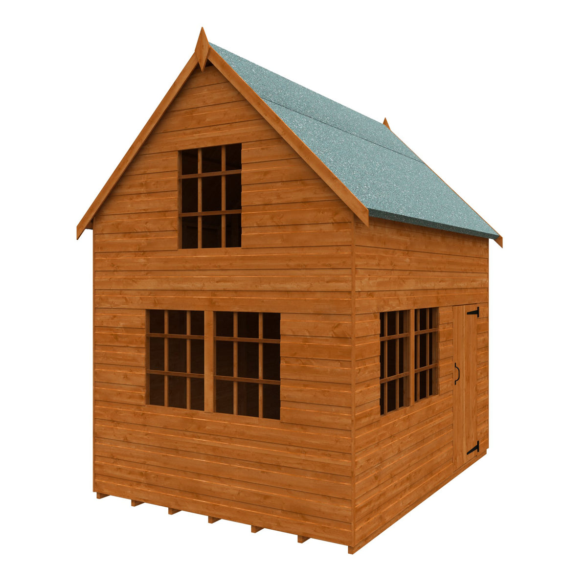 Norven Gardens two-storey cottage playhouse with side view, featuring windows, door, and charming exterior design.