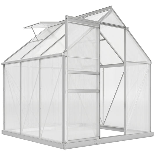 Outsunny 190x190cm walk-in polycarbonate greenhouse with silver frame and transparent panels for gardening and plant protection.