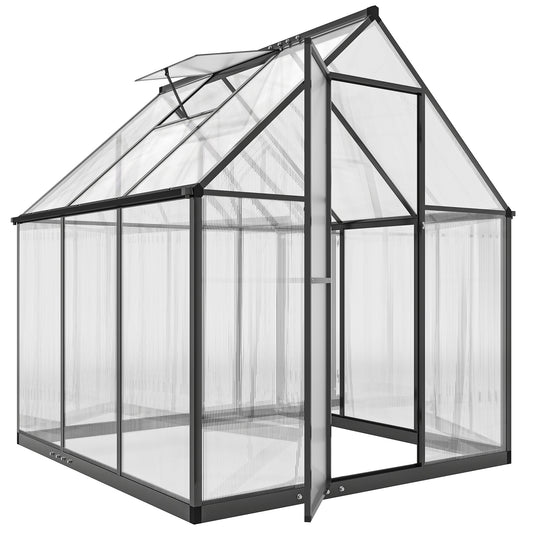 Outsunny 5.5x6ft black polycarbonate greenhouse with swing door, ideal for plant cultivation and gardening.