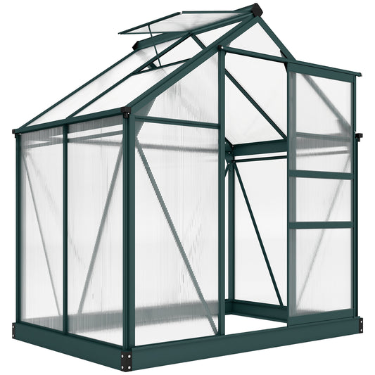 Dark green Outsunny 6x4ft walk-in polycarbonate greenhouse with sturdy frame and transparent panels for gardening.