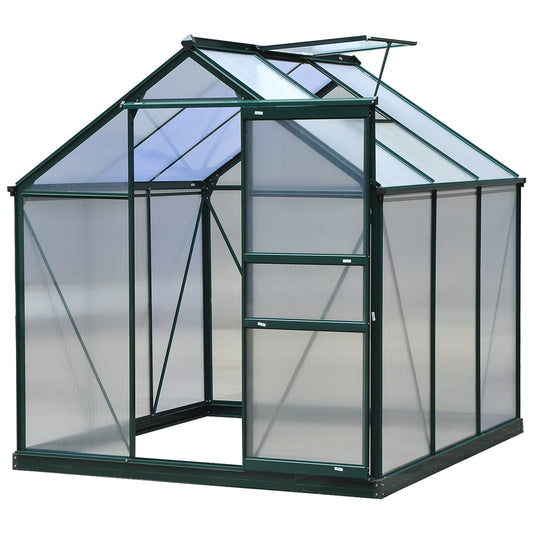 Dark green Outsunny 6x6ft walk-in polycarbonate greenhouse with clear panels for gardening and plant cultivation.