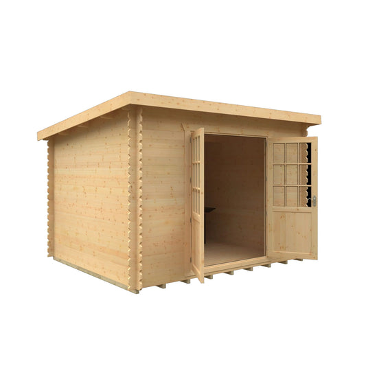 White Norven Pent Garden Office Log Cabin with 12x10-foot pent roof, designed for outdoor work and garden use.