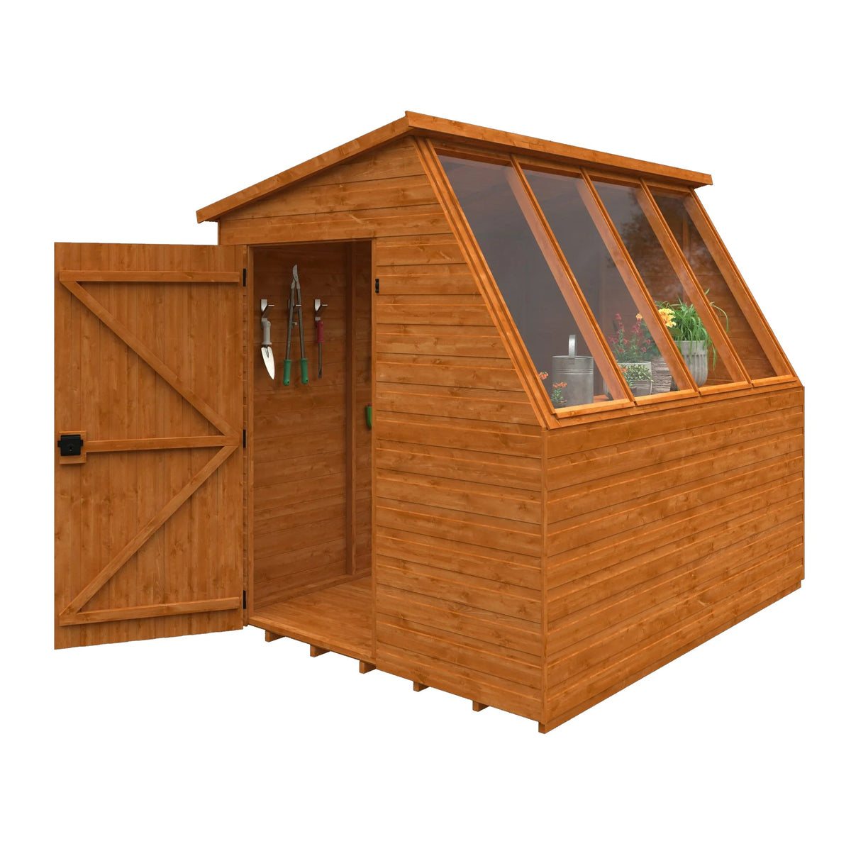 Interior view of the Norven Classic Potting Shed by Norven Gardens, showing shelving and open door in a white garden shed.