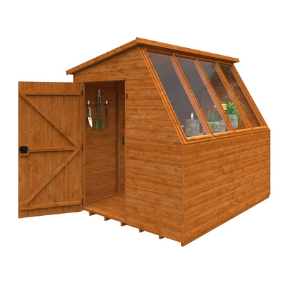 Interior view of the Norven Classic Potting Shed by Norven Gardens, showing shelving and open door in a white garden shed.