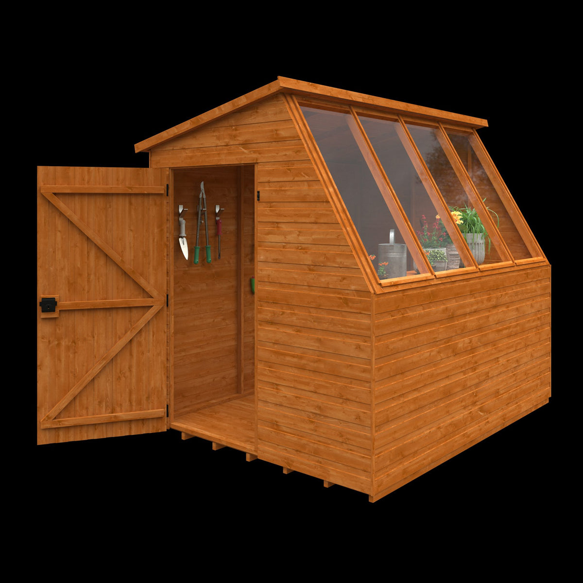 Interior view of the Norven Classic Potting Shed by Norven Gardens, showing shelving and open door for gardening storage.
