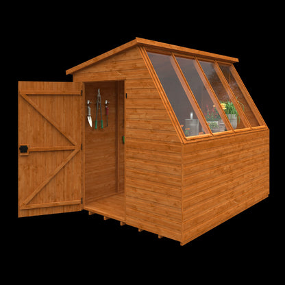 Interior view of the Norven Classic Potting Shed by Norven Gardens, showing shelving and open door for gardening storage.