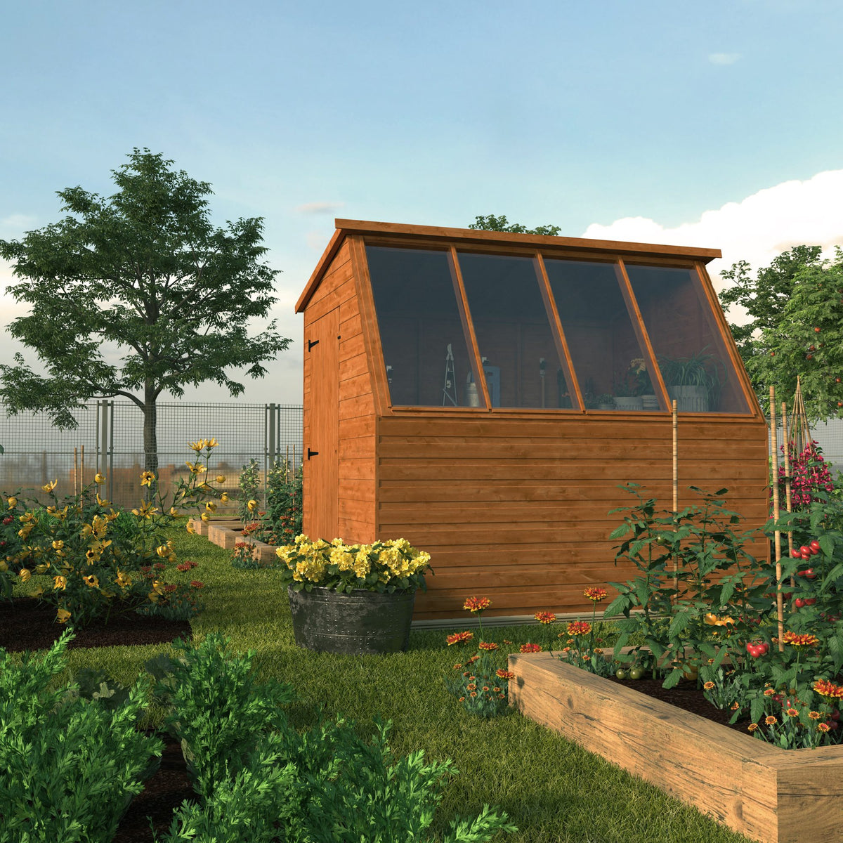 Rear view of Norven Gardens Norven Classic Potting Shed in a garden setting with window and door details.