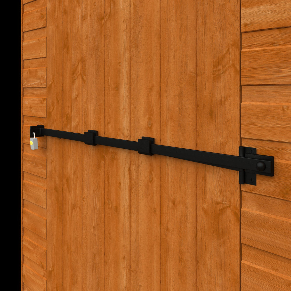 Norven Gardens shed security bar for single door, durable steel accessory to enhance outdoor shed security.