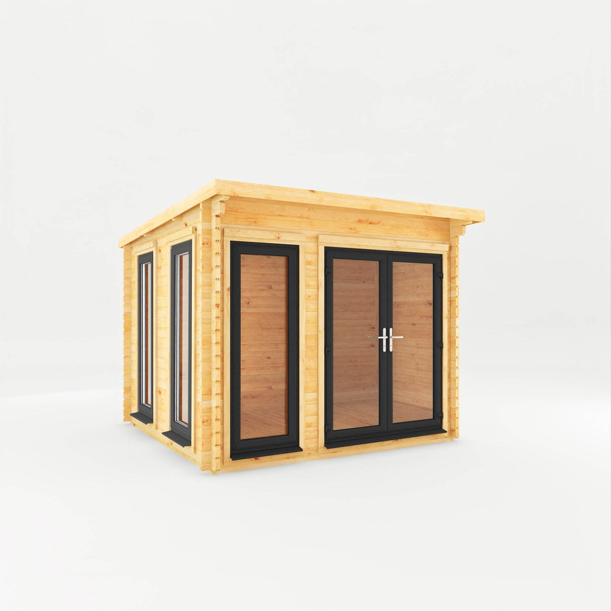 Grey Mercia Garden Products Studio Pent Log Cabin with 44mm thick walls, 3x3m size, featuring a sloped roof and UPVC finish.