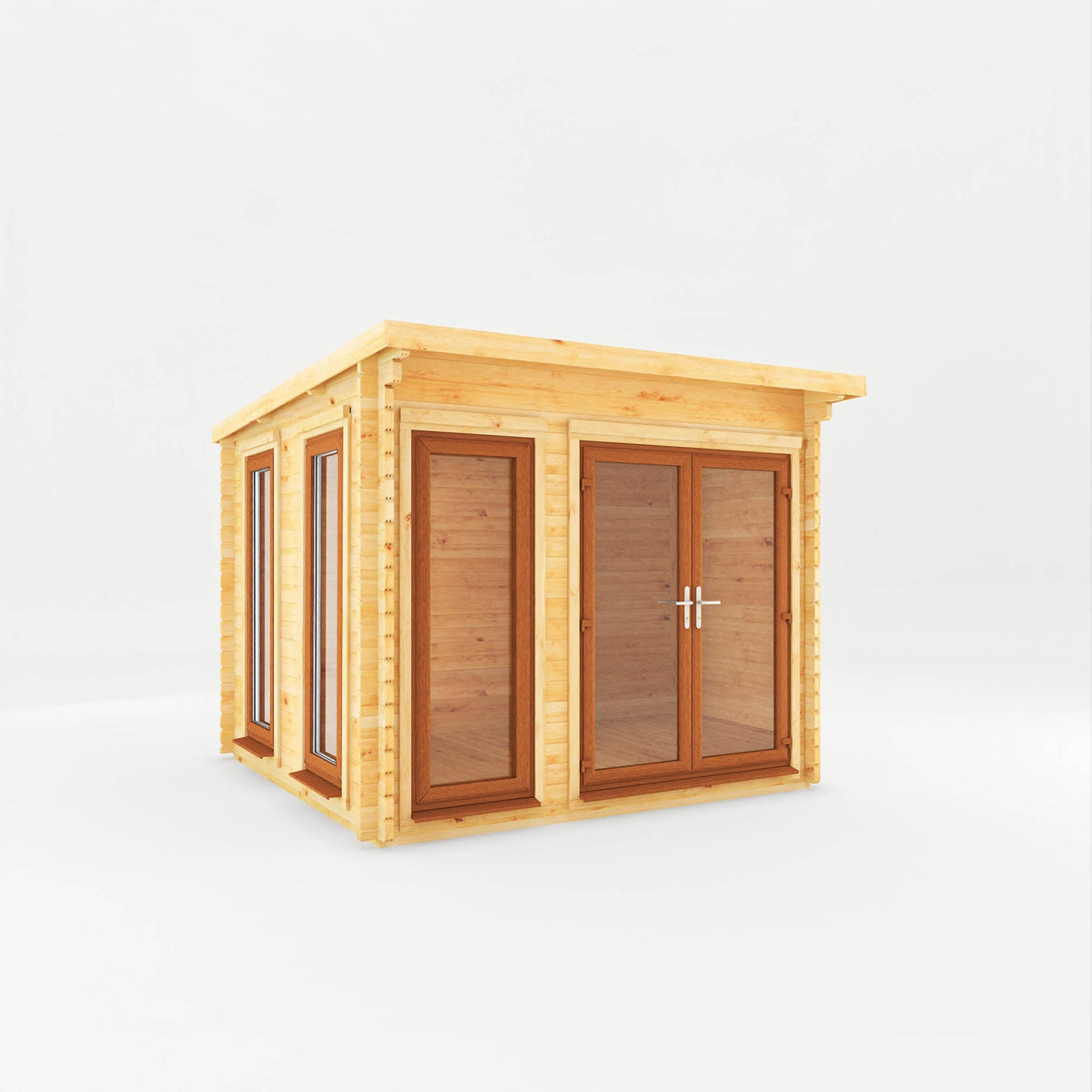 Mercia Garden Products Studio Pent Log Cabin with 44mm oak UPVC roof, 3x3m size, featuring a modern pent roof design.
