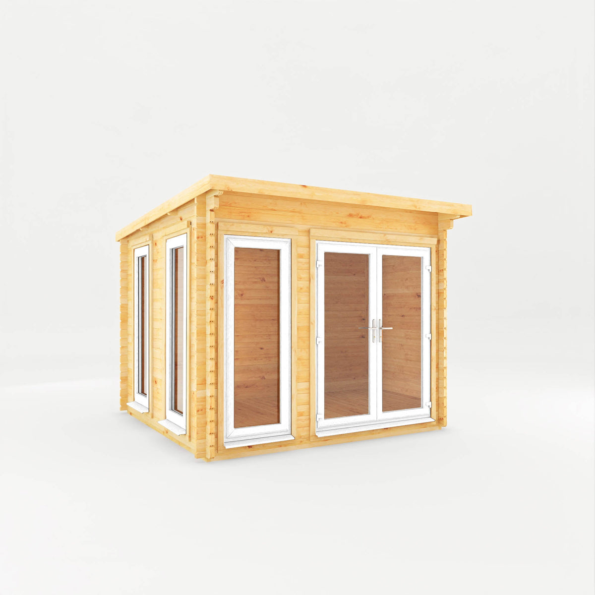 White Mercia Garden Products Studio Pent Log Cabin with 44mm walls and a pent roof, measuring 3x3 meters, shown with UPVC finish.