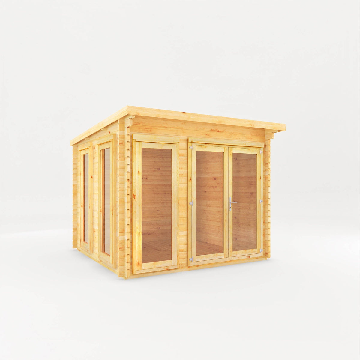 Natural timber Studio Pent Log Cabin by Mercia Garden Products with a sloped roof, measuring 3x3 meters, ideal for garden use