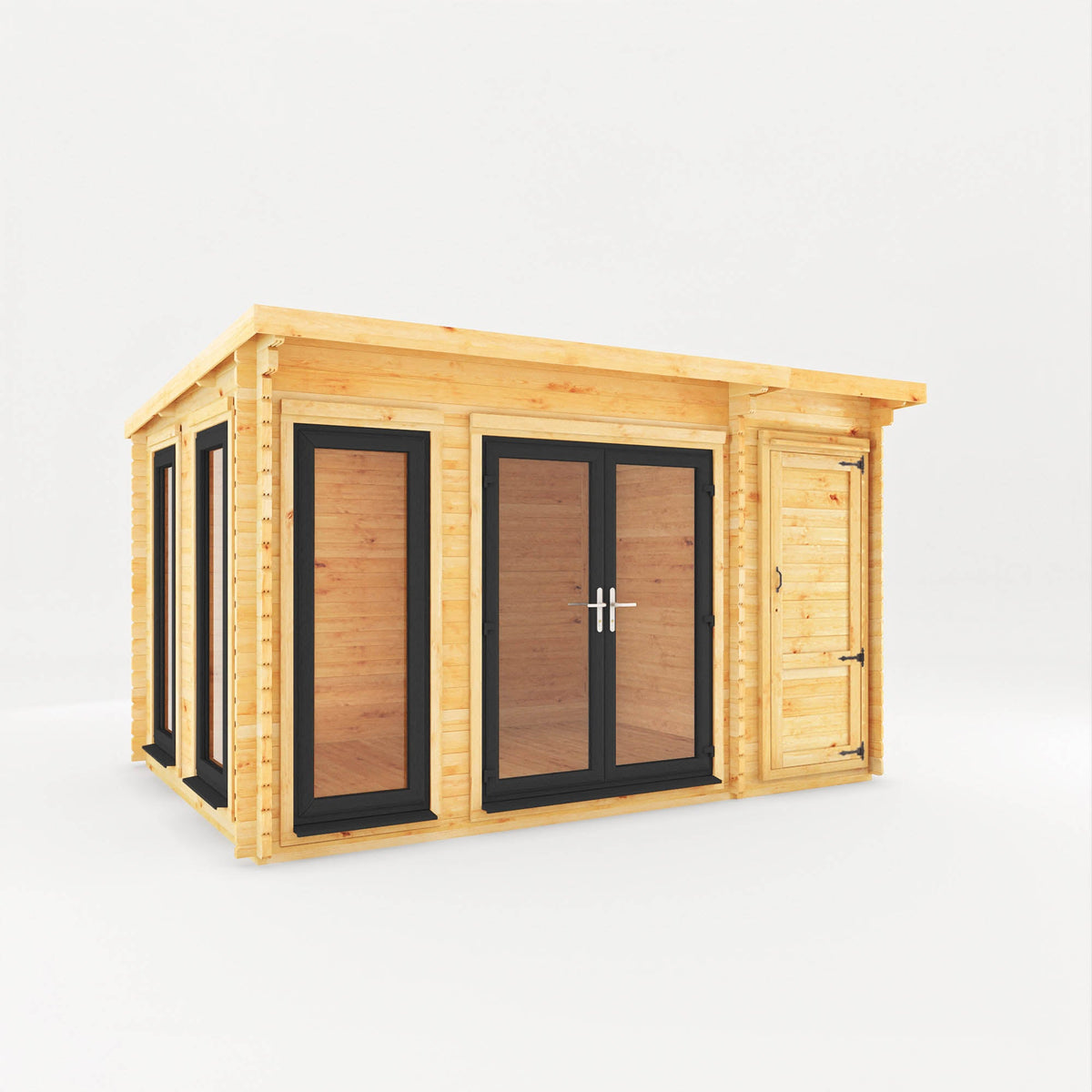 Mercia Garden Products Studio Pent Log Cabin with side shed, grey UPVC roof, 4.1x3 meters, 44mm thick logs, ideal for garden retreat.