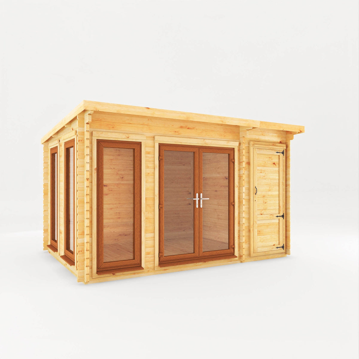 Mercia Garden Products Studio Pent Log Cabin with side shed, 4x3 meters, 44mm oak UPVC roof and walls, outdoor garden building.