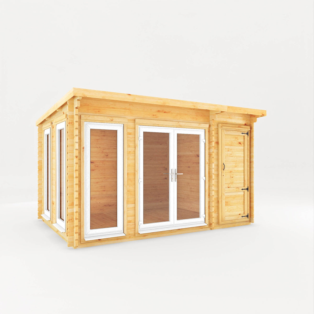 Mercia Garden Products Studio Pent Log Cabin with side shed, 4x3 meters, white UPVC roof, 44mm thick logs, outdoor garden building
