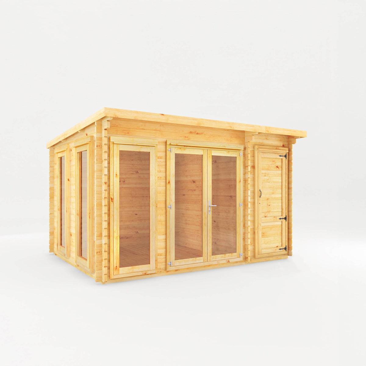 Mercia Garden Products Studio Pent Log Cabin with side shed, natural timber, 4x3 meters, featuring a pent roof and spacious interior