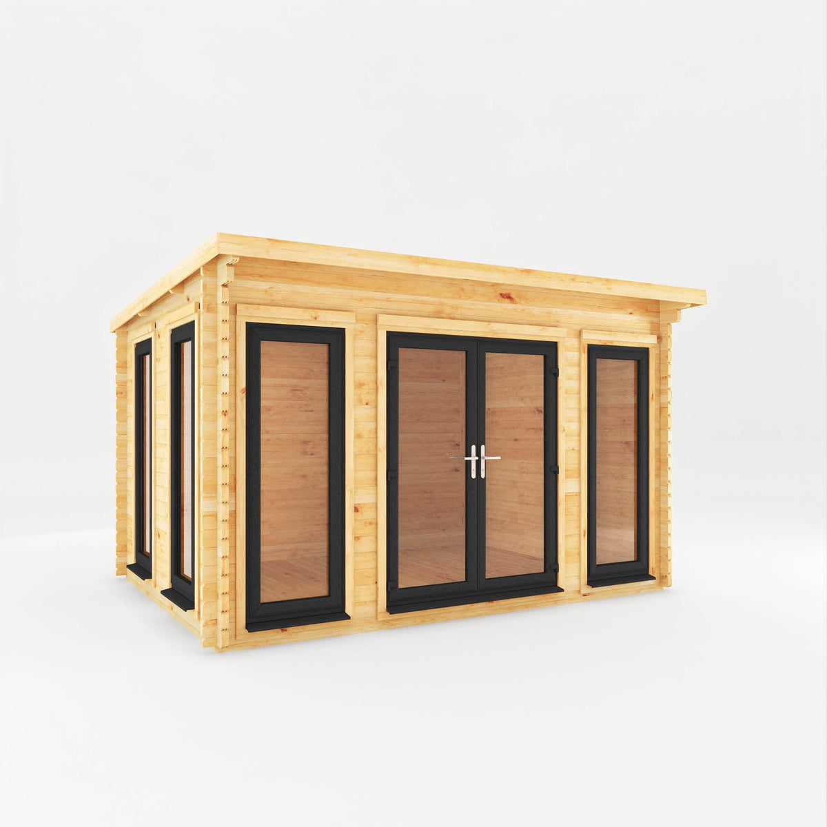 Mercia Garden Products Studio Pent Log Cabin with grey UPVC roof, 4x3 meters, 44mm thick timber walls, ideal for garden use